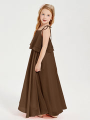 Abiti Damigella Junior Lunghi In Chiffon Spalline Sottili Con Fiocco Marrone