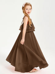 Abiti Damigella Junior Lunghi In Chiffon Spalline Sottili Con Fiocco Marrone