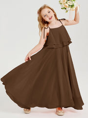 Abiti Damigella Junior Lunghi In Chiffon Spalline Sottili Con Fiocco Marrone