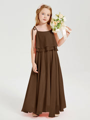 Abiti Damigella Junior Lunghi In Chiffon Spalline Sottili Con Fiocco Marrone