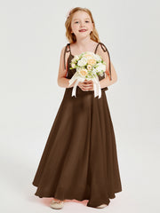 Abiti Damigella Junior Lunghi In Chiffon Spalline Sottili Con Fiocco Marrone
