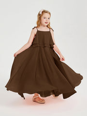 Abiti Damigella Junior Lunghi In Chiffon Spalline Sottili Con Fiocco Marrone