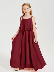 Abiti Damigella Junior Lunghi In Chiffon Spalline Sottili Con Fiocco Borgogna