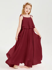 Abiti Damigella Junior Lunghi In Chiffon Spalline Sottili Con Fiocco Borgogna