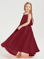 Abiti Damigella Junior Lunghi In Chiffon Spalline Sottili Con Fiocco Borgogna