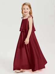 Abiti Damigella Junior Lunghi In Chiffon Spalline Sottili Con Fiocco Borgogna