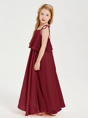 Abiti Damigella Junior Lunghi In Chiffon Spalline Sottili Con Fiocco Borgogna