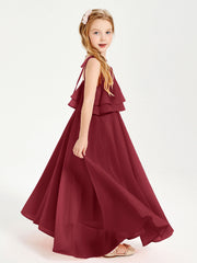 Abiti Damigella Junior Lunghi In Chiffon Spalline Sottili Con Fiocco Borgogna