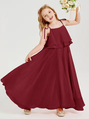 Abiti Damigella Junior Lunghi In Chiffon Spalline Sottili Con Fiocco Borgogna