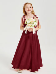 Abiti Damigella Junior Lunghi In Chiffon Spalline Sottili Con Fiocco Borgogna