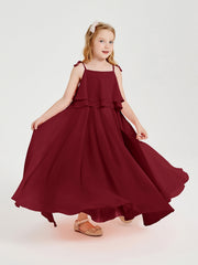 Abiti Damigella Junior Lunghi In Chiffon Spalline Sottili Con Fiocco Borgogna