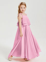 Abiti Damigella Junior Lunghi In Chiffon Spalline Sottili Con Fiocco Rosa Bonbon