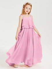 Abiti Damigella Junior Lunghi In Chiffon Spalline Sottili Con Fiocco Rosa Bonbon