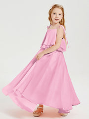 Abiti Damigella Junior Lunghi In Chiffon Spalline Sottili Con Fiocco Rosa Bonbon