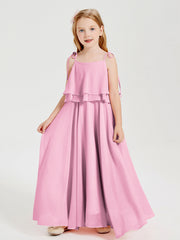 Abiti Damigella Junior Lunghi In Chiffon Spalline Sottili Con Fiocco Rosa Bonbon