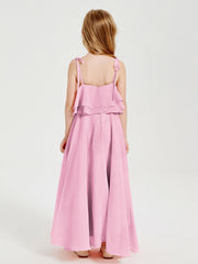Abiti Damigella Junior Lunghi In Chiffon Spalline Sottili Con Fiocco Rosa Bonbon