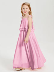 Abiti Damigella Junior Lunghi In Chiffon Spalline Sottili Con Fiocco Rosa Bonbon
