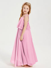 Abiti Damigella Junior Lunghi In Chiffon Spalline Sottili Con Fiocco Rosa Bonbon