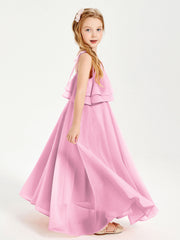 Abiti Damigella Junior Lunghi In Chiffon Spalline Sottili Con Fiocco Rosa Bonbon