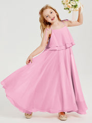 Abiti Damigella Junior Lunghi In Chiffon Spalline Sottili Con Fiocco Rosa Bonbon