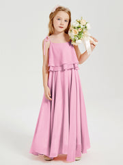 Abiti Damigella Junior Lunghi In Chiffon Spalline Sottili Con Fiocco Rosa Bonbon