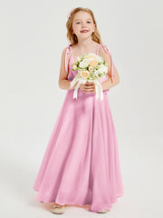Abiti Damigella Junior Lunghi In Chiffon Spalline Sottili Con Fiocco Rosa Bonbon