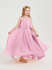Abiti Damigella Junior Lunghi In Chiffon Spalline Sottili Con Fiocco Rosa Bonbon