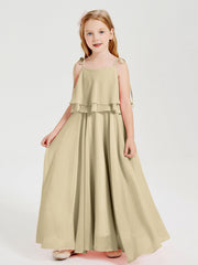 Abiti Damigella Junior Lunghi In Chiffon Spalline Sottili Con Fiocco Champagne