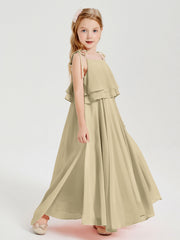 Abiti Damigella Junior Lunghi In Chiffon Spalline Sottili Con Fiocco Champagne