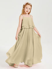 Abiti Damigella Junior Lunghi In Chiffon Spalline Sottili Con Fiocco Champagne