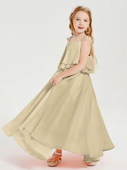Abiti Damigella Junior Lunghi In Chiffon Spalline Sottili Con Fiocco Champagne