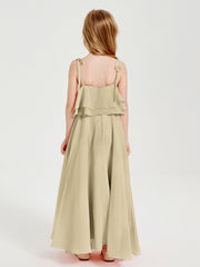 Abiti Damigella Junior Lunghi In Chiffon Spalline Sottili Con Fiocco Champagne