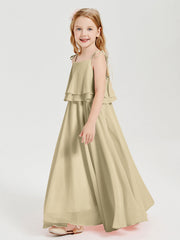 Abiti Damigella Junior Lunghi In Chiffon Spalline Sottili Con Fiocco Champagne