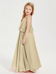 Abiti Damigella Junior Lunghi In Chiffon Spalline Sottili Con Fiocco Champagne