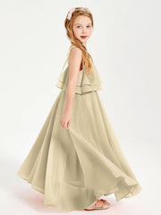 Abiti Damigella Junior Lunghi In Chiffon Spalline Sottili Con Fiocco Champagne