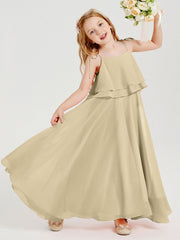Abiti Damigella Junior Lunghi In Chiffon Spalline Sottili Con Fiocco Champagne