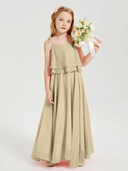 Abiti Damigella Junior Lunghi In Chiffon Spalline Sottili Con Fiocco Champagne
