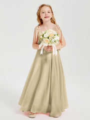 Abiti Damigella Junior Lunghi In Chiffon Spalline Sottili Con Fiocco Champagne