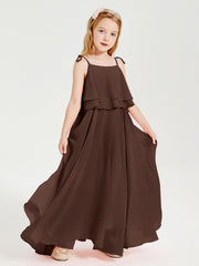 Abiti Damigella Junior Lunghi In Chiffon Spalline Sottili Con Fiocco Cioccolato