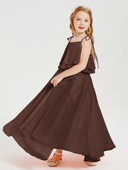 Abiti Damigella Junior Lunghi In Chiffon Spalline Sottili Con Fiocco Cioccolato