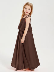 Abiti Damigella Junior Lunghi In Chiffon Spalline Sottili Con Fiocco Cioccolato