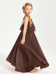 Abiti Damigella Junior Lunghi In Chiffon Spalline Sottili Con Fiocco Cioccolato