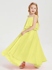 Abiti Damigella Junior Lunghi In Chiffon Spalline Sottili Con Fiocco Narciso