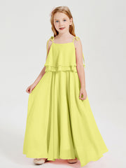Abiti Damigella Junior Lunghi In Chiffon Spalline Sottili Con Fiocco Narciso