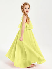 Abiti Damigella Junior Lunghi In Chiffon Spalline Sottili Con Fiocco Narciso