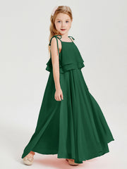 Abiti Damigella Junior Lunghi In Chiffon Spalline Sottili Con Fiocco Verde Scuro