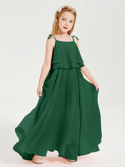 Abiti Damigella Junior Lunghi In Chiffon Spalline Sottili Con Fiocco Verde Scuro