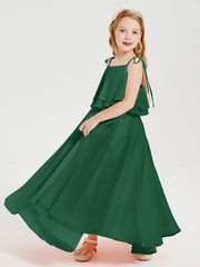 Abiti Damigella Junior Lunghi In Chiffon Spalline Sottili Con Fiocco Verde Scuro