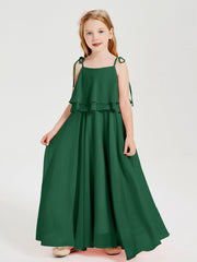 Abiti Damigella Junior Lunghi In Chiffon Spalline Sottili Con Fiocco Verde Scuro