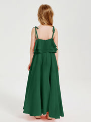 Abiti Damigella Junior Lunghi In Chiffon Spalline Sottili Con Fiocco Verde Scuro